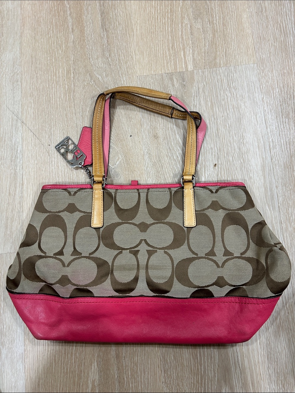 Coach Signature Canvas Tote with Pink Leather Trim